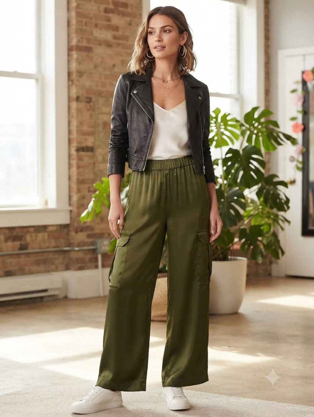 Glam Women's High Waisted Satin Wide Leg Pants Sz Large Green